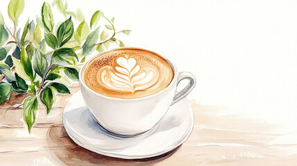 A watercolor illustration of an elegant cup of coffee with latte art in the shape of a heart