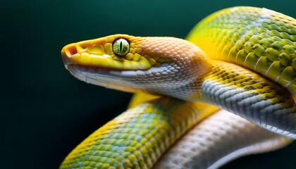 Fototapeta premium Detailed close-up of a snake's vibrant yellow and green scales, its head slightly raised with focused eyes.