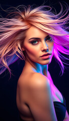 Naklejka premium sensual portrait of a blonde with flying hair. banner or poster for a beauty salon, Colored gel lighting, with white tones