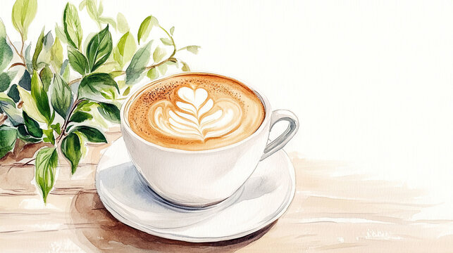 A watercolor illustration of an elegant cup of coffee with latte art in the shape of a heart