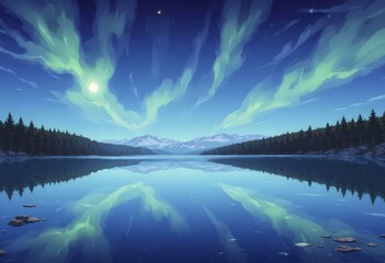 Fototapeta premium Starry night sky reflected in a calm lake with snow-covered mountains and aurora borealis, vector art style background