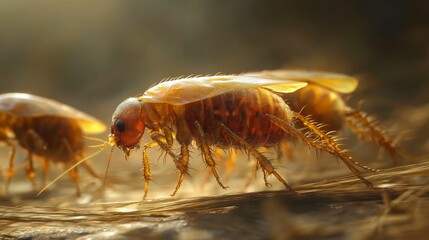 Fototapeta premium Amber insects crawl on textured surface.