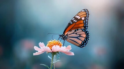 Fototapeta premium Butterfly feeding on a delicate pink flower