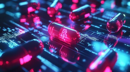 Futuristic digital medicine capsules in a neon circuit board tech lab close-up