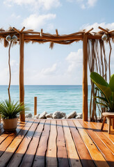 Wooden floors and ocean backdrop Suitable for a beach use. The beauty of nature, with white tones