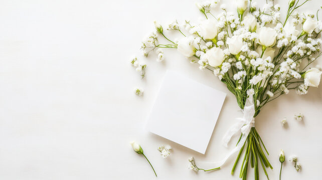 minimalist table setting featuring bouquet of white flowers and blank card, ideal for celebrations or special occasions. composition highlights elegance and simplicity
