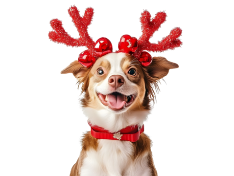 Happy dog wearing red reindeer antlers sitting on a white background. PNG transparent.