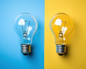 Two light bulbs set against a split blue and yellow background,