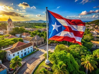 Aerial View of the Vintage Cuban Flag Undulating in the Breeze Over a Historic Cuban Landscape, Capturing the Essence of Cuba's Rich Cultural Heritage and Natural Beauty