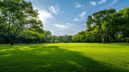 Obraz premium Serene Green Landscape with Lush Grass and Tall Trees Under Clear Blue Sky