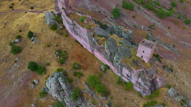 Landscape at the castle of Zafra (12th century). Municipality Campillo Due&ntilde;as. Aerial view from drone. Molina Alto Tajo Geopark. Alto Tajo Natural Park. Guadalajara. Castilla la Mancha. Spain. Europe