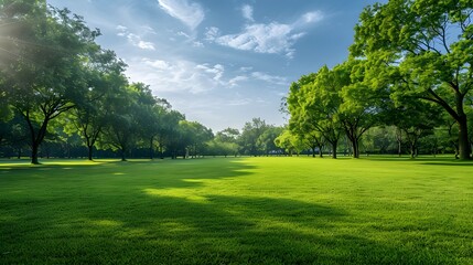 Fototapeta premium Lush Green Park Landscape under a Bright Blue Sky with Gentle Clouds