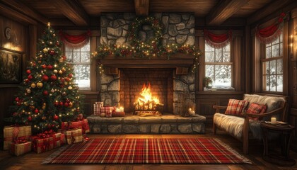 Cozy Christmas Cabin Interior with Decorated Tree and Fireplace