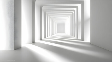 Abstract white hallway with light and shadow.
