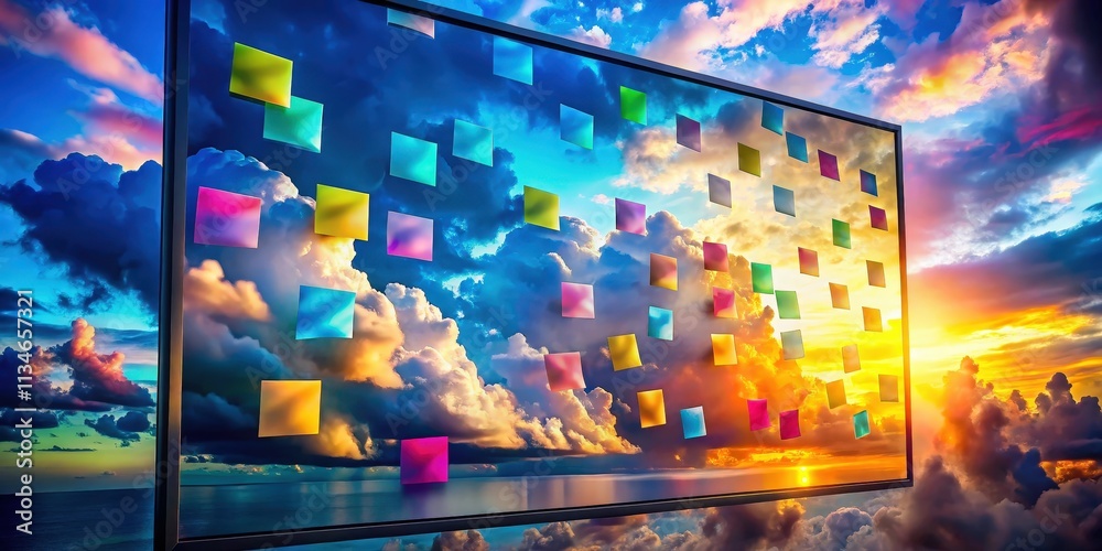 Poster A digital canvas displaying vibrant hues of a colorful sunset reflected through a grid of squares, revealing a captivating sky filled with fluffy clouds