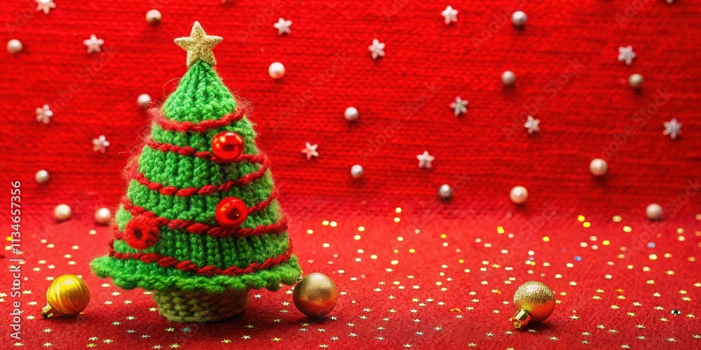 Poster a knitted christmas tree with red and gold ornaments, standing on a red background with gold and sil