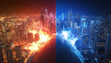 Chicago Cityscape Divided Night Fireworks, Aerial View