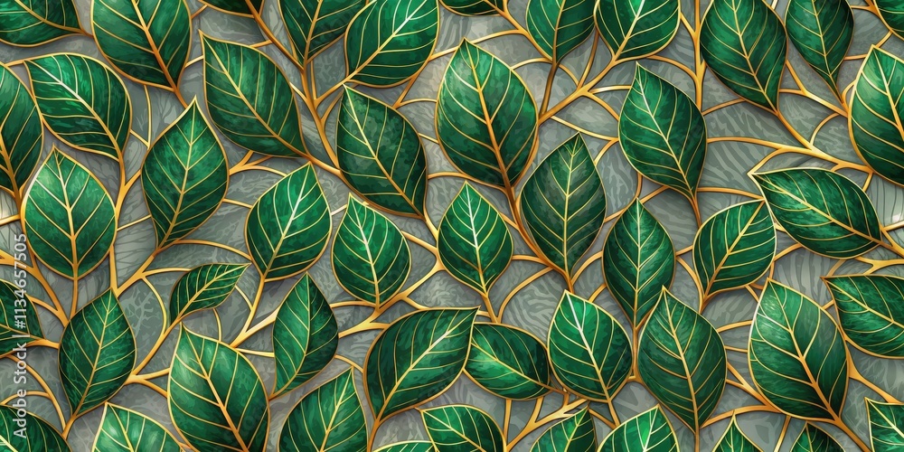 Poster A vibrant tapestry of emerald leaves outlined in gleaming gold, creating a mesmerizing pattern of nature's elegance and artistry.