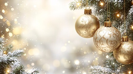 Sparkling Gold Christmas Ornaments on Snowy Tree