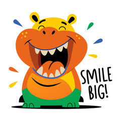 Hippopotamus with smile big text, flat sticker 
