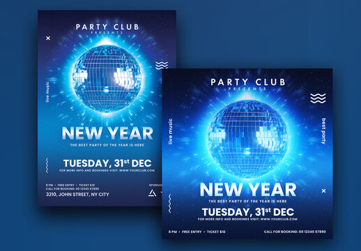 New Year Party Flyer or Poster with Glowing Disco Ball in Blue Color.