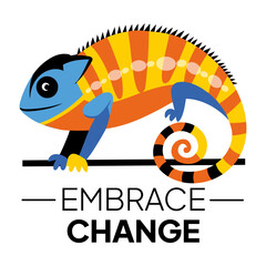 A flat sticker showing chameleon with embrace change text