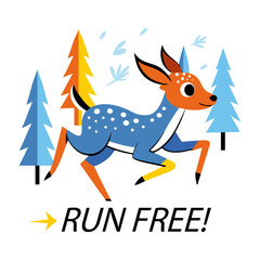 Comic style sticker showing deer with run wild text