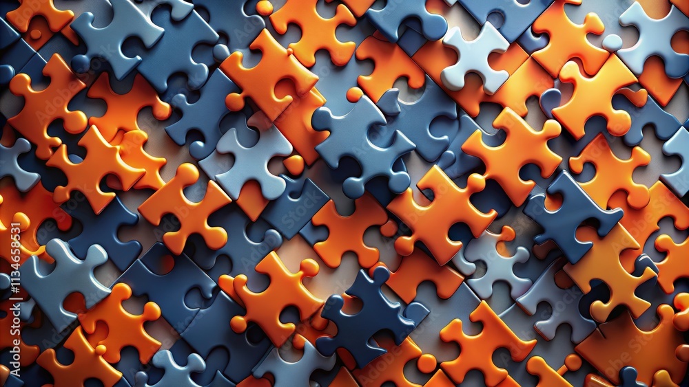 Poster a close-up image of a jumbled puzzle comprised of interlocking orange and blue pieces, forming a sea