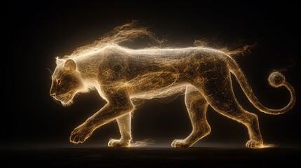 Fototapeta premium Glowing lioness walking in darkness.