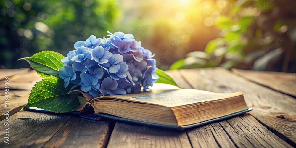 Poster a blue hydrangea bouquet rests on an open book with sunlight filtering through the green foliage in 