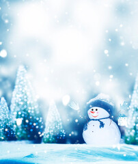 happy snowman. Winter landscape. Merry christmas and happy new year greeting card