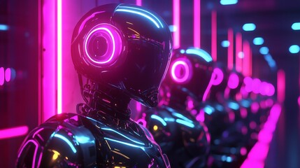 Neon-lit robots stand in a futuristic room.