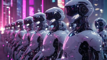 Fototapeta premium White robots line up, futuristic city backdrop.