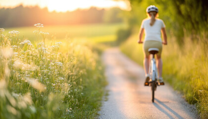 Obraz premium person riding bicycle on sunny path surrounded by flowers, enjoying nature beauty. warm sunlight creates serene atmosphere, perfect for outdoor activities