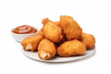 Close-up of high-quality, freshly prepared chicken poppers displayed on a clean white background, showcasing their crispy texture and appetizing appearance
