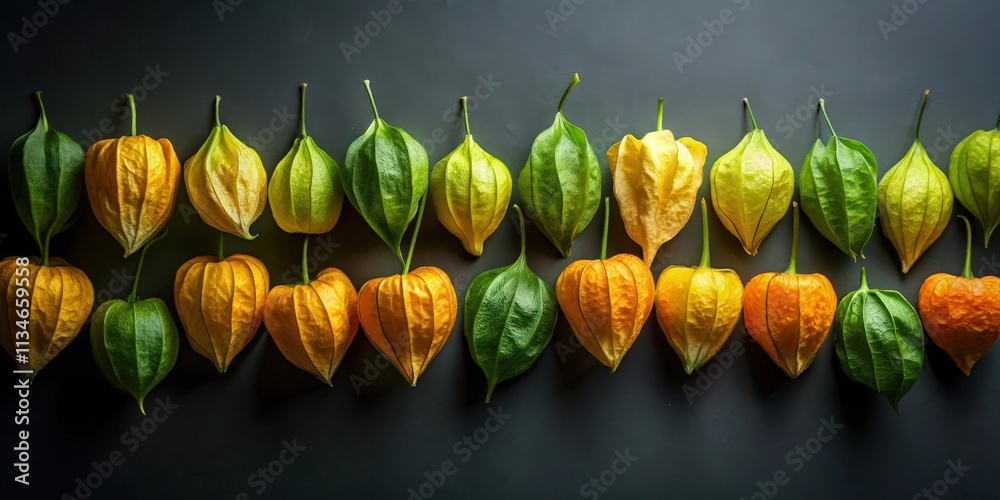 Poster a row of golden and green husks with a gradient of color from green to yellow to orange