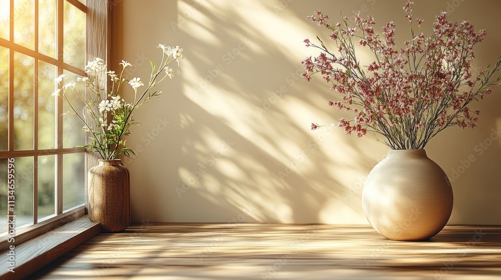 Poster a serene interior with vases of flowers casting soft shadows by a sunlit window.