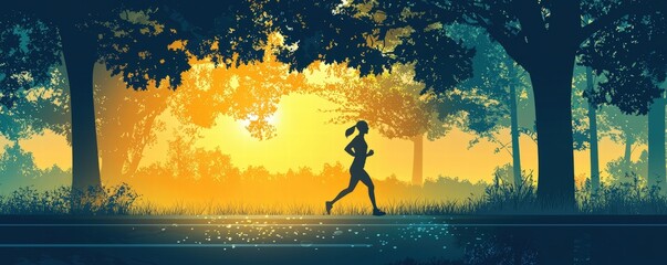 Hobbies for Relaxation and Self-Care concept. Silhouetted runner in a serene sunset forest setting.