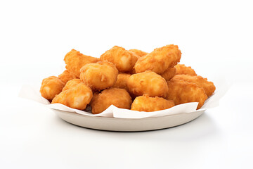 Close-up of high-quality, freshly prepared chicken poppers displayed on a clean white background, showcasing their crispy texture and appetizing appearance