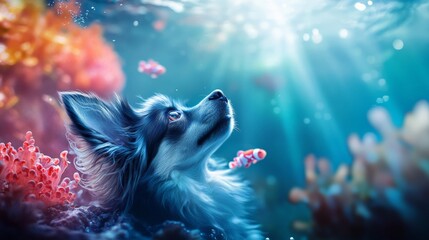 A serene dog gazes upwards in a vibrant underwater scene filled with colorful corals and shimmering light. A tranquil moment captured beautifully.