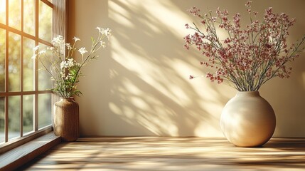 A serene interior with vases of flowers casting soft shadows by a sunlit window.
