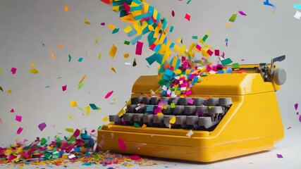 A bright yellow typewriter with colorful confetti bursting out, symbolizing creative writing and ideas, isolated against a minimalist background.
