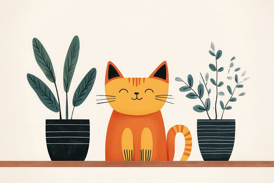 Playful illustration of a cheerful orange cat with potted plants on a minimalist shelf, perfect for modern decor.