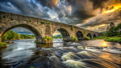 A stone arch bridge spans a flowing river beneath a dramatic sky, the setting sun casting golden light on the water