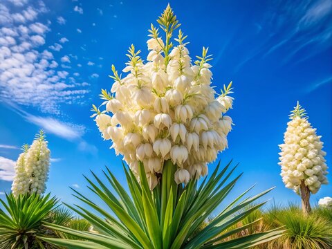 Aerial View of Yucca Gigantea with White Flowers Against a Clear Blue Sky Showcasing Nature's Beauty and Serenity, Perfect for Botanical and Landscape Photography Projects