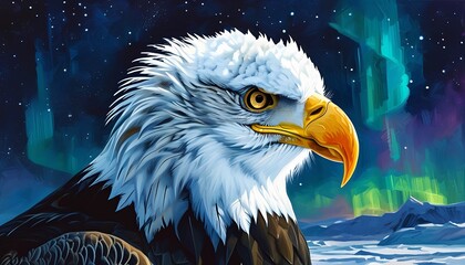 Majestic bald eagle portrait at night under northern lights wildlife photography arctic environment close-up view nature's beauty for wildlife enthusiasts