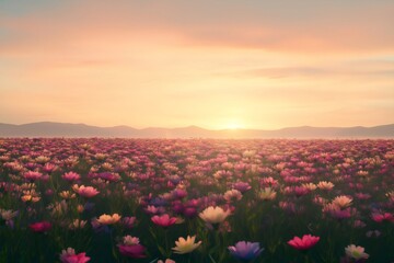 Fototapeta premium Colorful flowers blooming in a vibrant field at sunrise, creating a breathtaking landscape filled with beauty and serenity