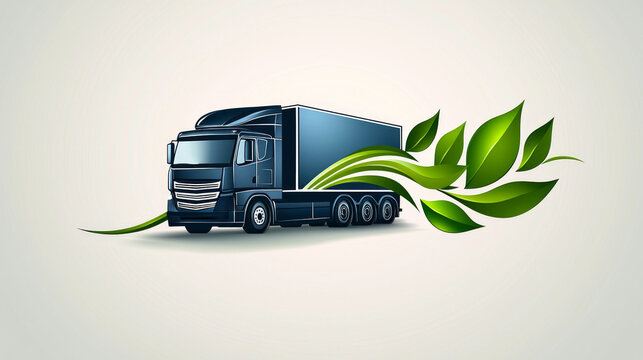 Stylized logo for transportation company showcases clean truck design integrated green leaf emphasizing eco friendly logistics and reliability in vibrant colors.