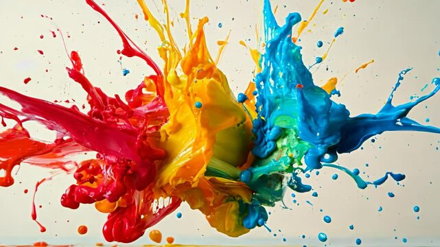 A creative mind exploding with colorful paint splashes, symbolizing imagination and innovative thinking, isolated on a neutral background, dynamic and expressive.