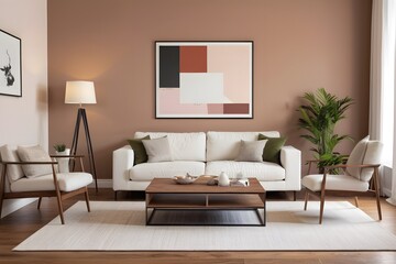 A modern living room with a white sofa, table, lamp, wooden floor, and minimal art frame on a mocha-colored wall.